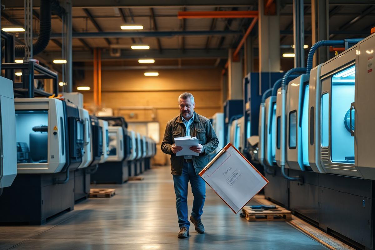 A manufacturing owner beside CNC equipment on the shop floor