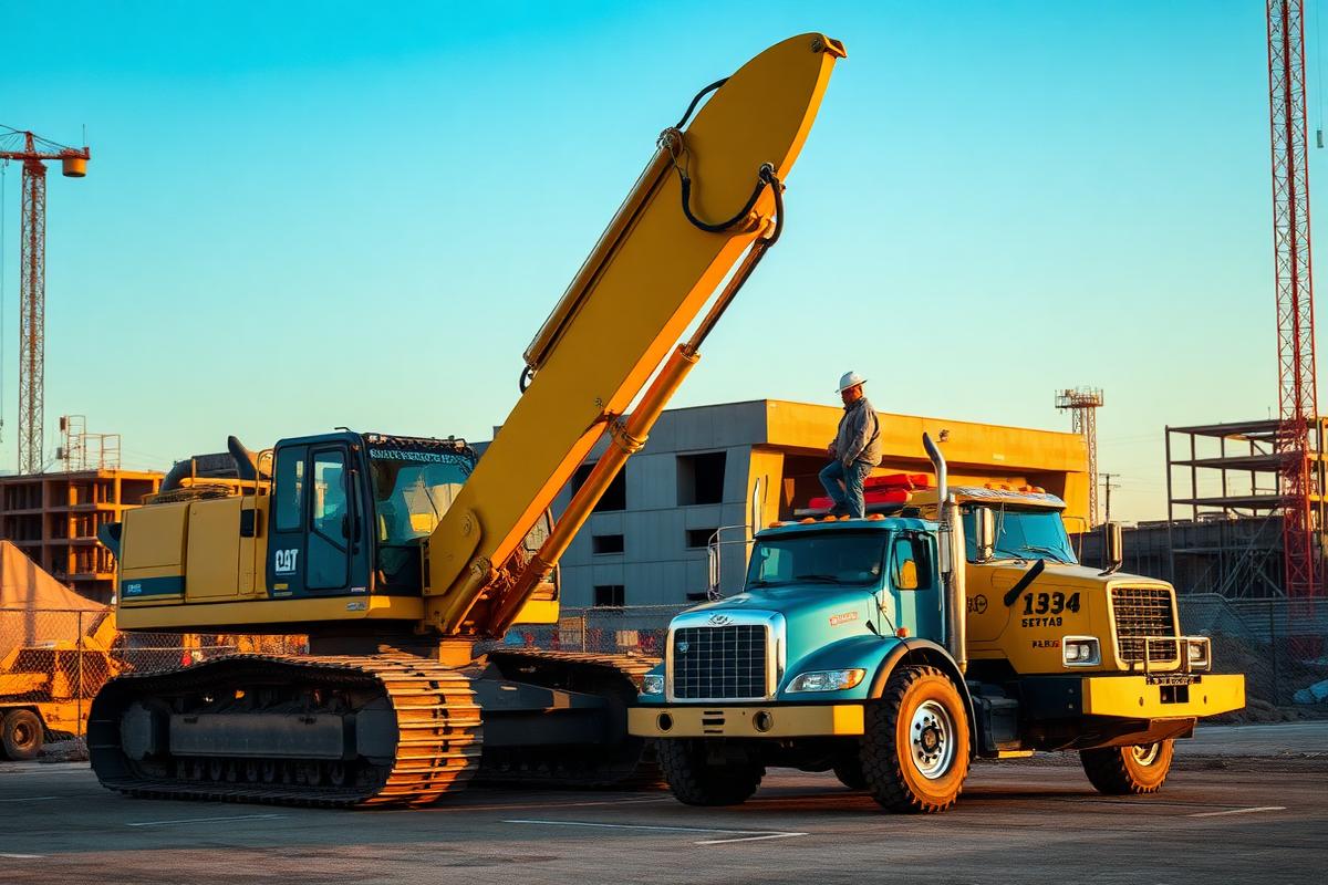 A contractor inspecting a financed excavator and work truck
