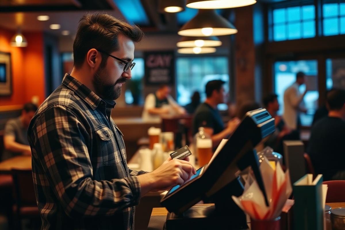 A restaurant owner taking a card payment during dinner rush