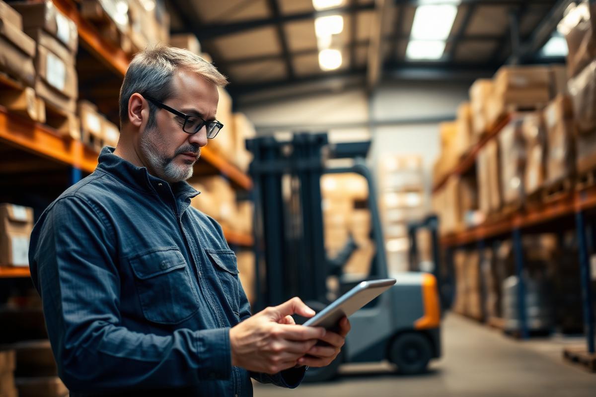 A business owner checking warehouse inventory on a tablet