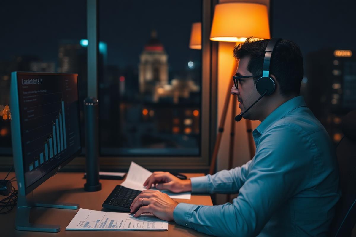A Night Fox funding advisor reviewing bank statements on a call after hours