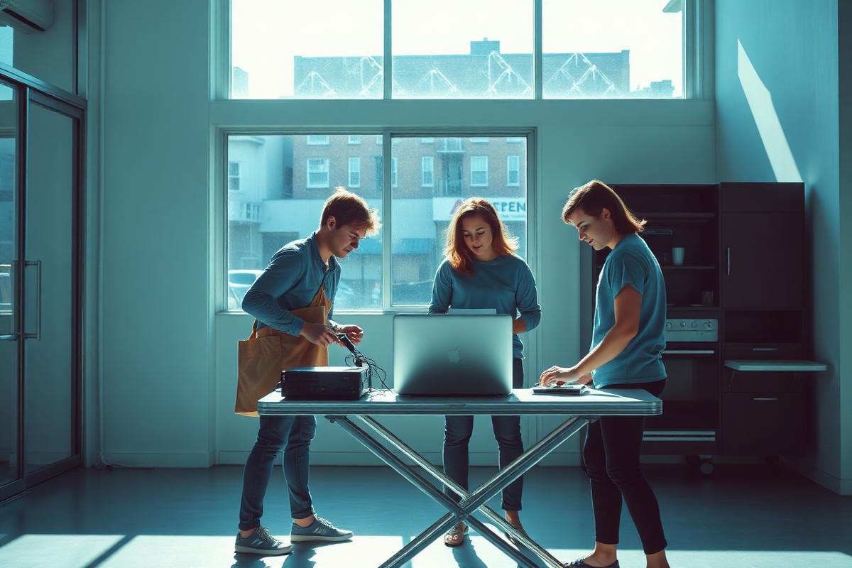 Founders unpacking their first equipment in a leased storefront