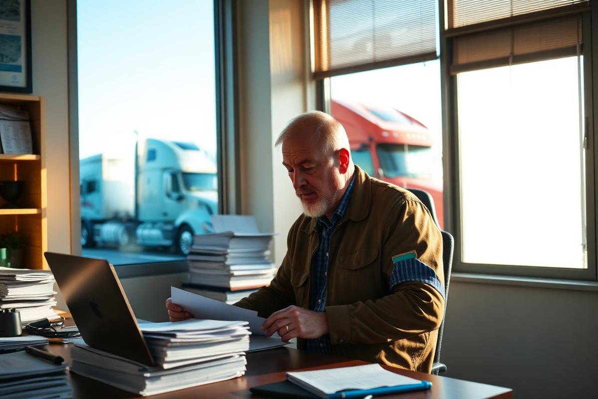 A trucking company owner reviewing stacks of open invoices