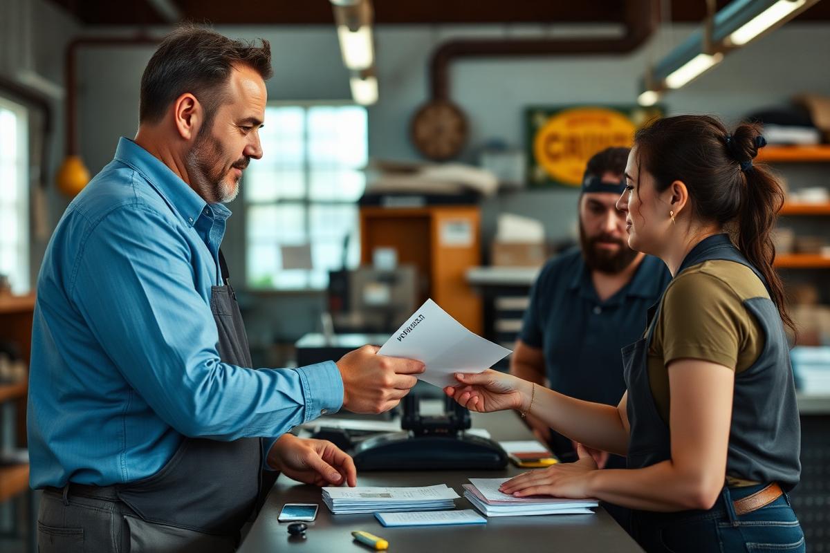 A small-business owner handing out payroll envelopes in a workshop