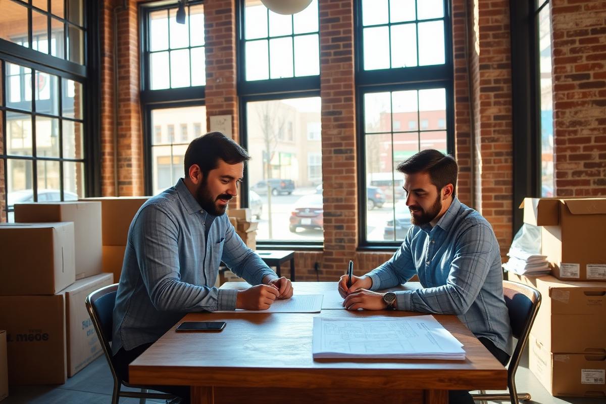Business partners signing SBA loan paperwork in a new storefront